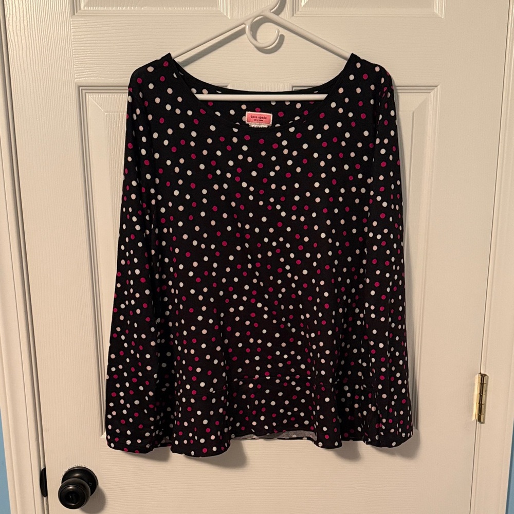 153 Kate Spade Black Pink Polka Dot Peplum Pajama Sleep Top Long Sleeve XL - Picture 2 of 6